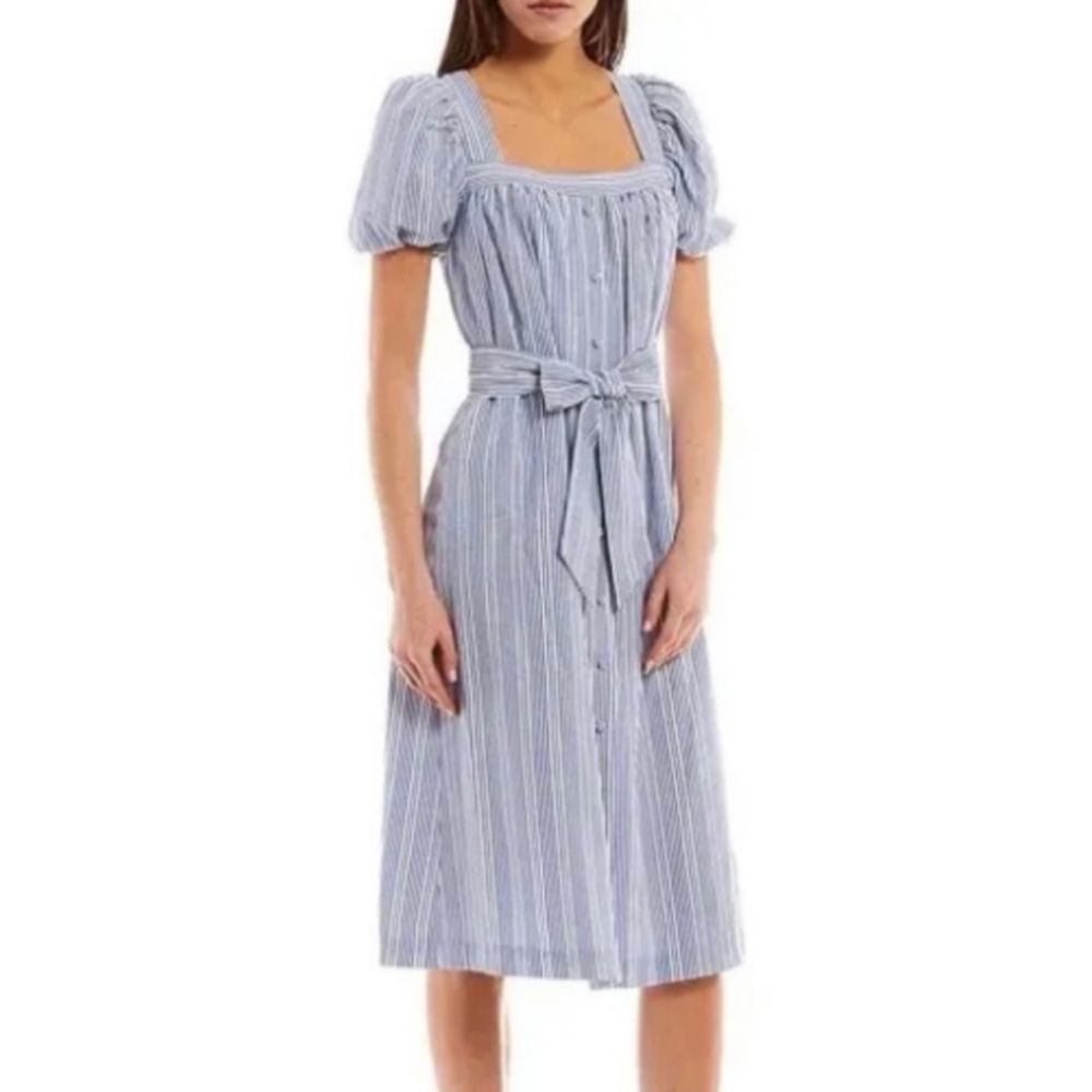 Alex Marie NWT 16 Blue White Stripe Puff sleeves midi dress with button front